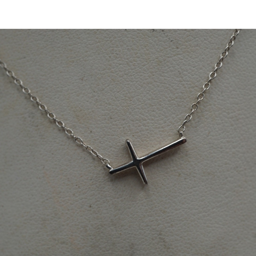 Sterling Silver .925 Sideways Cross Necklace 18" Minimalist Religious Jewelry